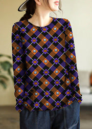 Elegant Grey O-Neck Print Cotton Knitted Top Long Sleeve