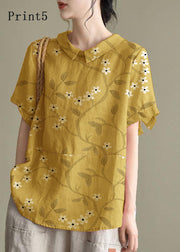 Simple Print4 Peter Pan Collar Patchwork Summer Linen Blouses