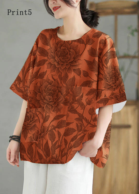 Women Orange O Neck Print Patchwork Linen T Shirt Top Summer