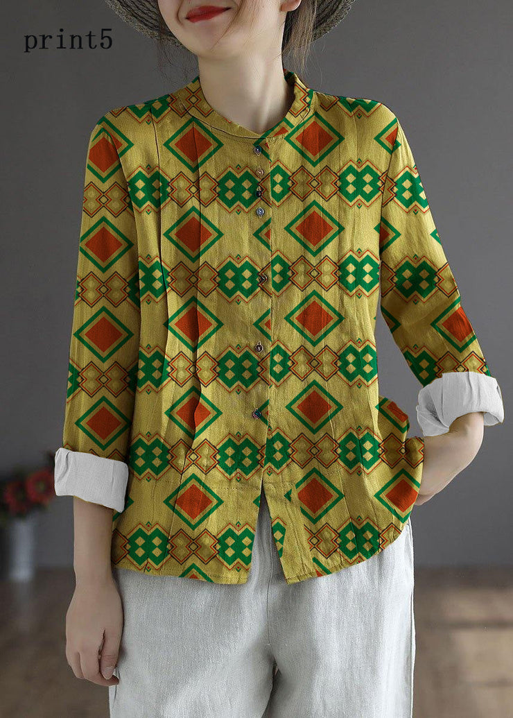 Women Yellow-floral1 Elegant Button Fall Top Long Sleeve Linen