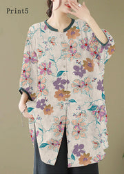 Print1 Linen Shirt Dresses O-Neck Oversized Lantern Sleeve