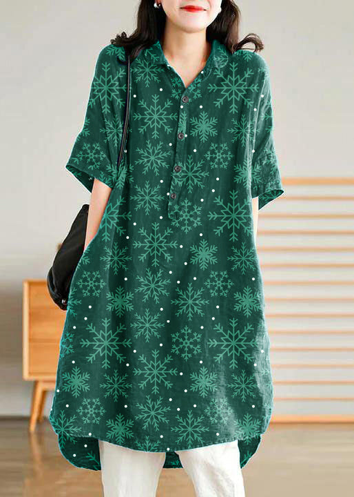 Jade blue-snowflake Linen Women Casual Linen Shirt Dress