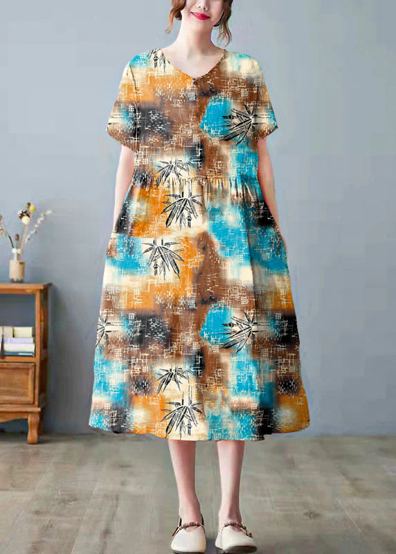 Beautiful Orange Pockets Print O Neck Dress