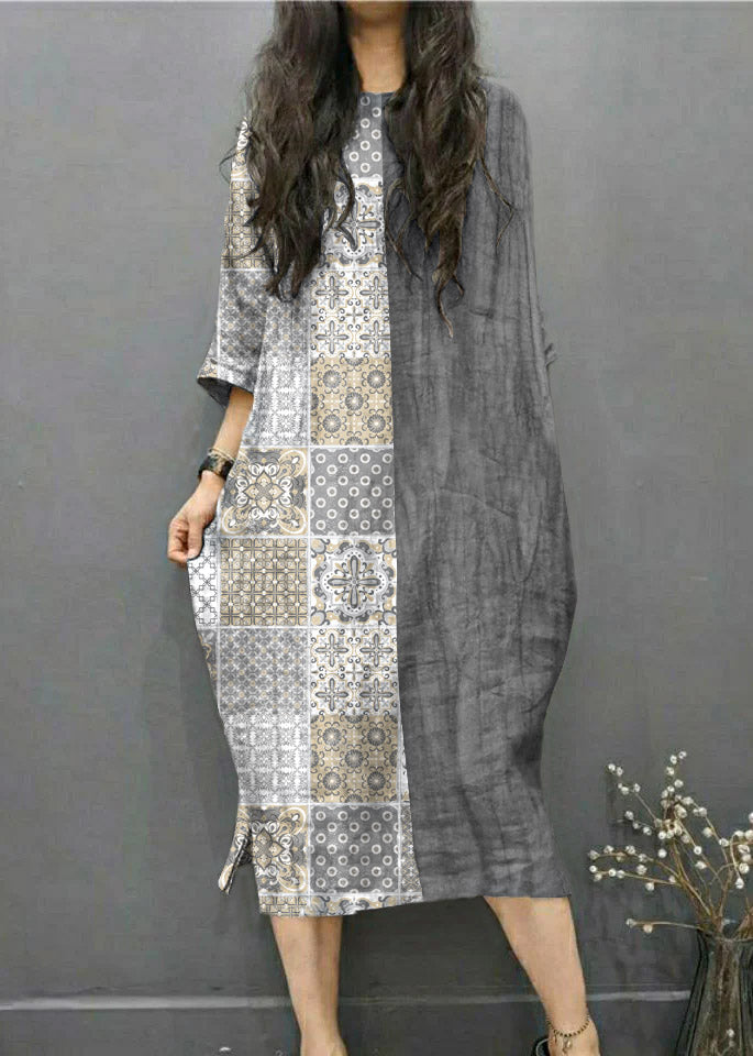 Beautiful Grey O-Neck Wrinkled Side Open Linen Long Dress Batwing Sleeve