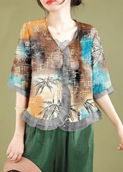 Fashion gray-floral Ruffled Button Patchwork Linen Blouse Top Summer