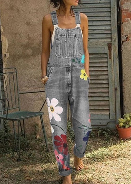 Boho Sunflower Print Denim Jumpsuit