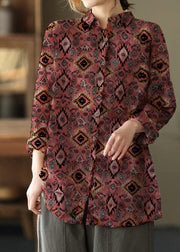 Unique Lapel Patchwork Spring Tunic Pattern Photography brown flower Print Blouse