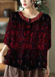 Simple Red O Neck Patchwork Print Linen Shirt Tops Half Sleeve