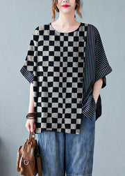 Novelty Cashew pattern O-Neck Striped Patchwork Button Cotton T Shirts Half Sleeve