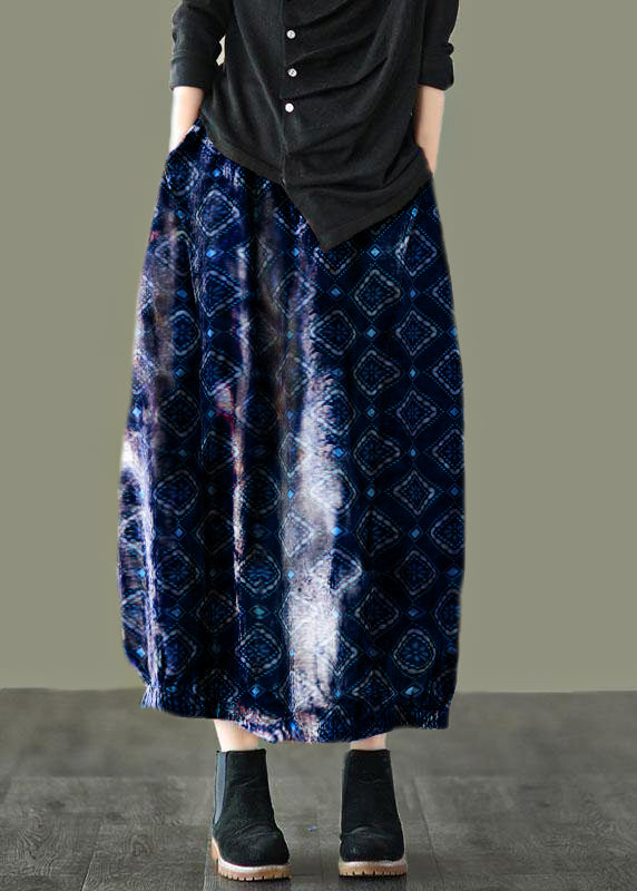 Plus Size Indigo geometry Retro Print A Line Pockets Fall Skirts