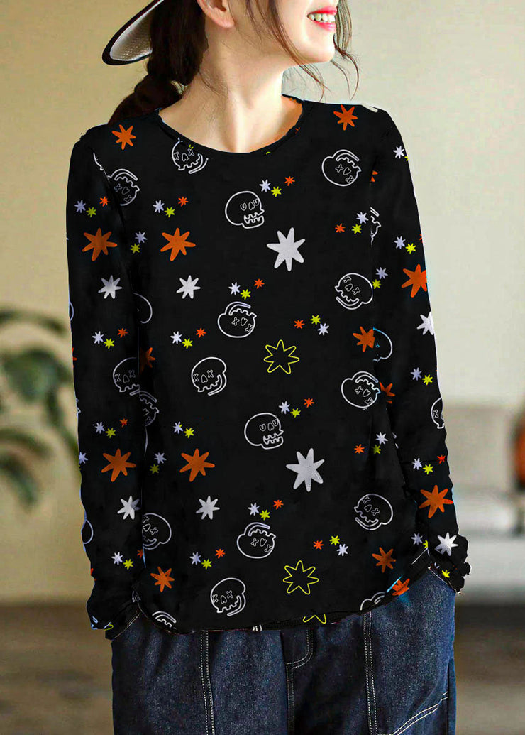 Elegant Grey O-Neck Print Cotton Knitted Top Long Sleeve