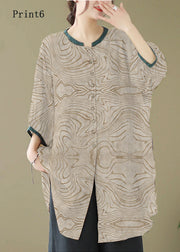 Print4 Linen Shirt Dresses O-Neck Oversized Lantern Sleeve