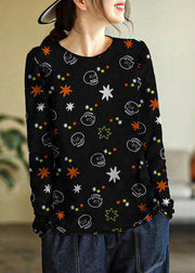 Elegant Yellow O-Neck Print Cotton Knitted Top Long Sleeve