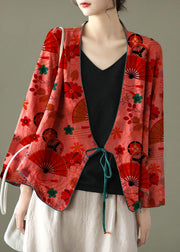 Women Red-Floral pattern Embroideried Long sleeve Linen Shirt