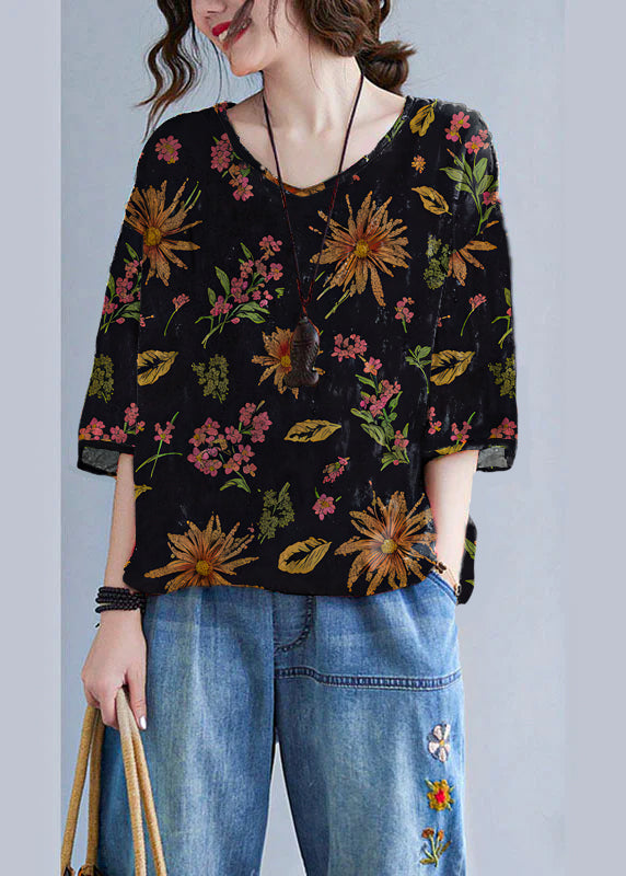 Boho Print V Neck Patchwork Loose drawstring Fall Blouses Half Sleeve