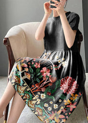 Brief Black flower O-Neck Patchwork Linen Dress Short Sleeve