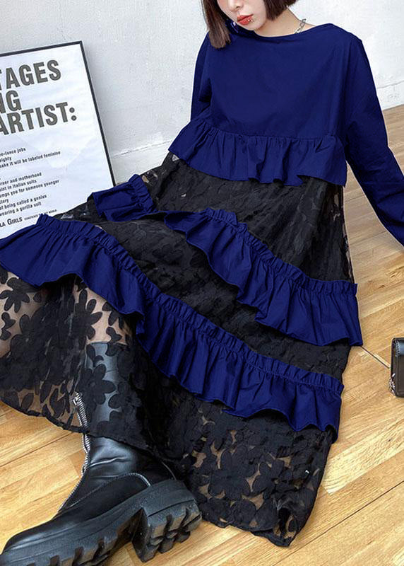 Bohemian dark blue Ruffles  Fall Lace Dresses