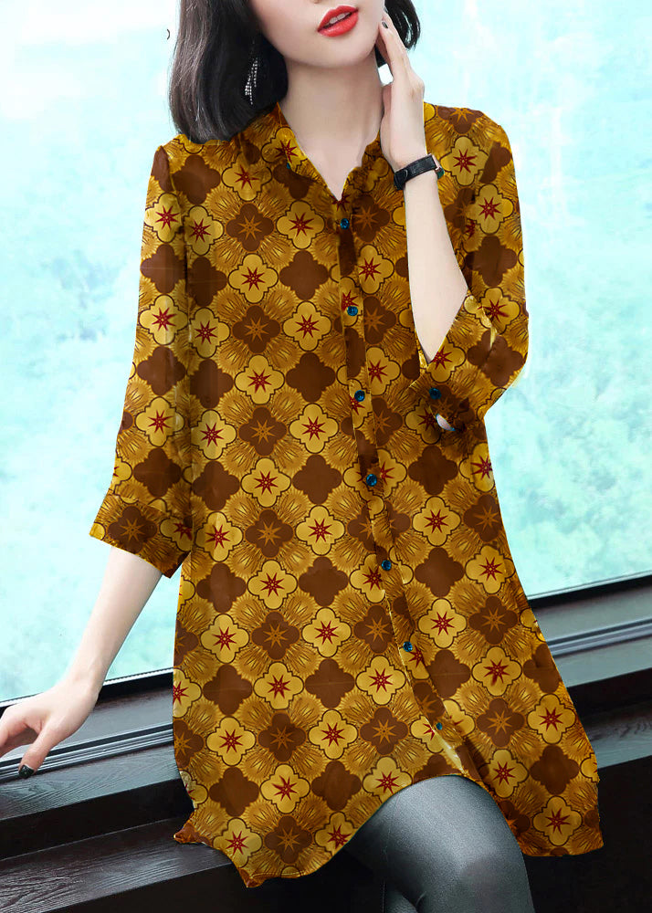 Stylish brown-geometry Peter Pan Collar Button Print Chiffon Shirt Tops Summer