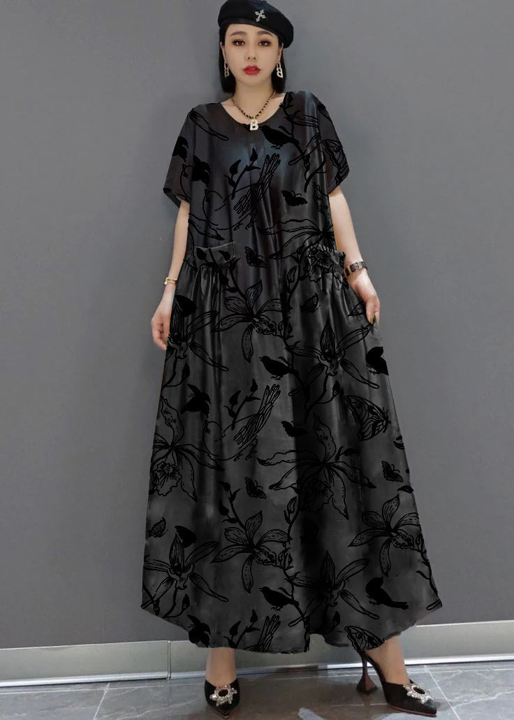 loose black-flowers and birds O-Neck Print Satin Maxi Dress Summer