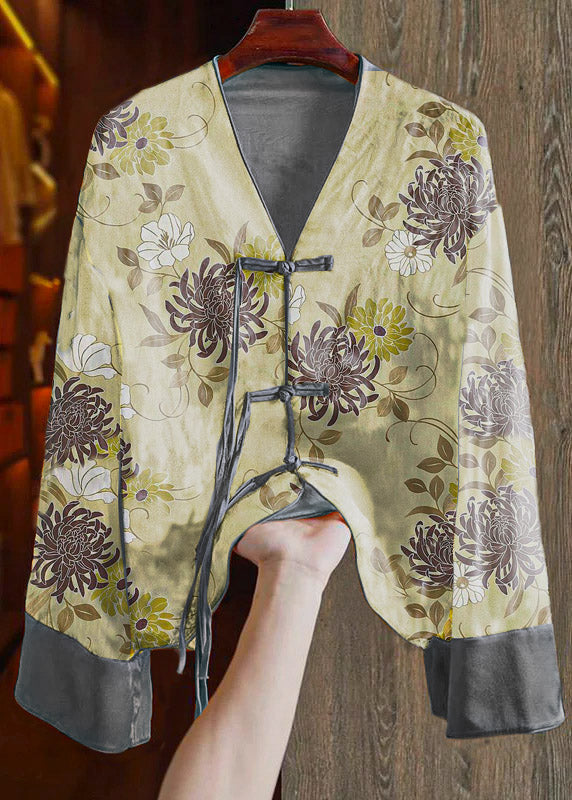 Loose Yellow V Neck Embroidered Button Silk Shirts Spring