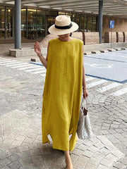 Bohemian O Neck Side Open Linen Cotton Clothes Fabrics Color Geometry Dress