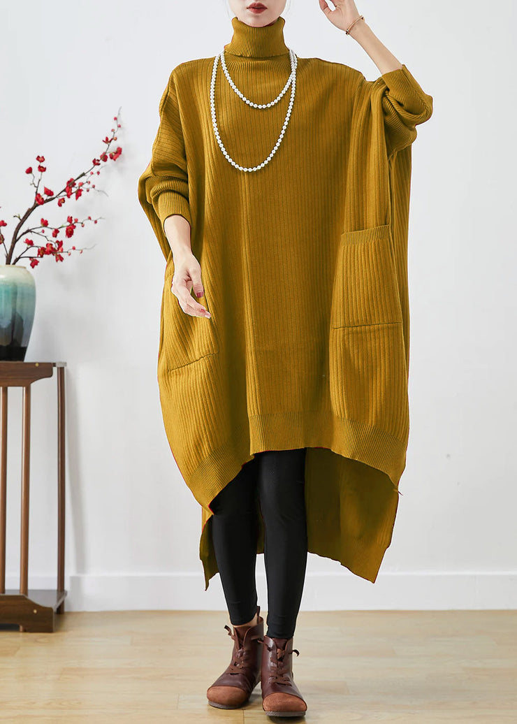 Orange Oversized Knit Sweater Dress Turtle Neck Asymmetrical Batwing Sleeve