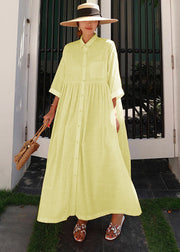 Bohemian Green Peter Pan Collar Striped Button Pockets Wrinkled Long Dresses Half Sleeve