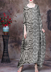 Loose Green O-Neck Asymmetrical Design Print Silk Beach Dress Gown Batwing Sleeve