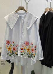 Bohemian white-flower Peter Pan Collar Button asymmetrical design Fall Long sleeve Top