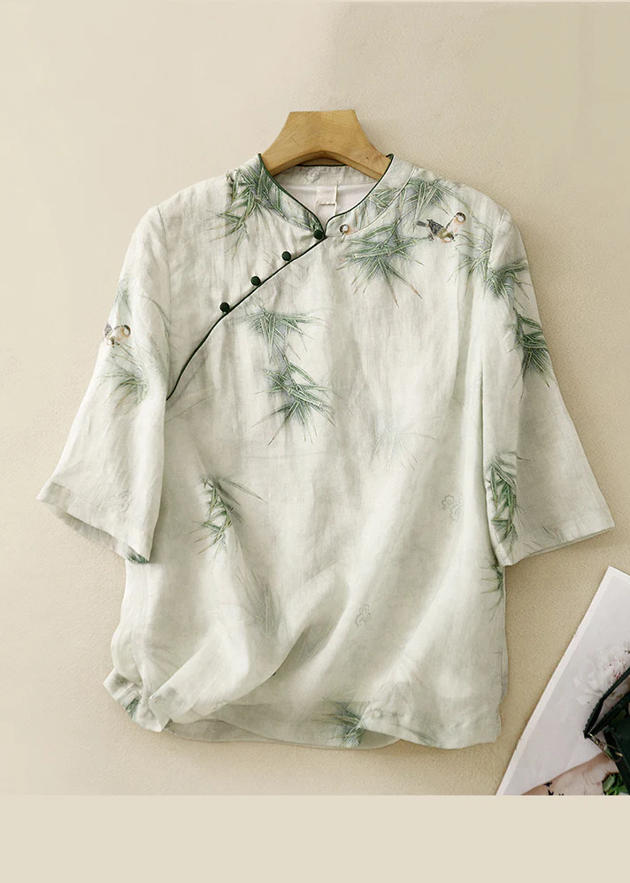 Grace Green Stand Collar Embroidered Linen Shirt Top Summer