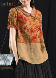 Bohemian Khaki-orange flower Patchwork Turn-down Collar Summer Short Sleeve Top