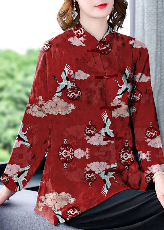 Original Black Mandarin Collar Button Floral Print Silk Coats Long Sleeve