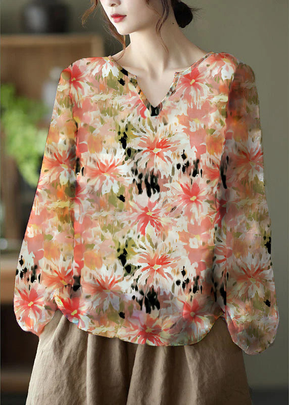 Handmade Apricot V Neck Casual Floral Fall Blouse Long sleeve