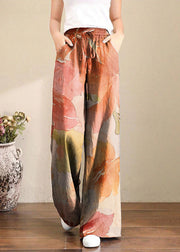 French Orange flower Elastic Waist Pockets Linen Wide Leg Pants Summer