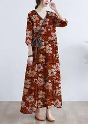 Simple  orange  Print V Neck Floral Summer Tie Waist Long Dresses Half Sleeve