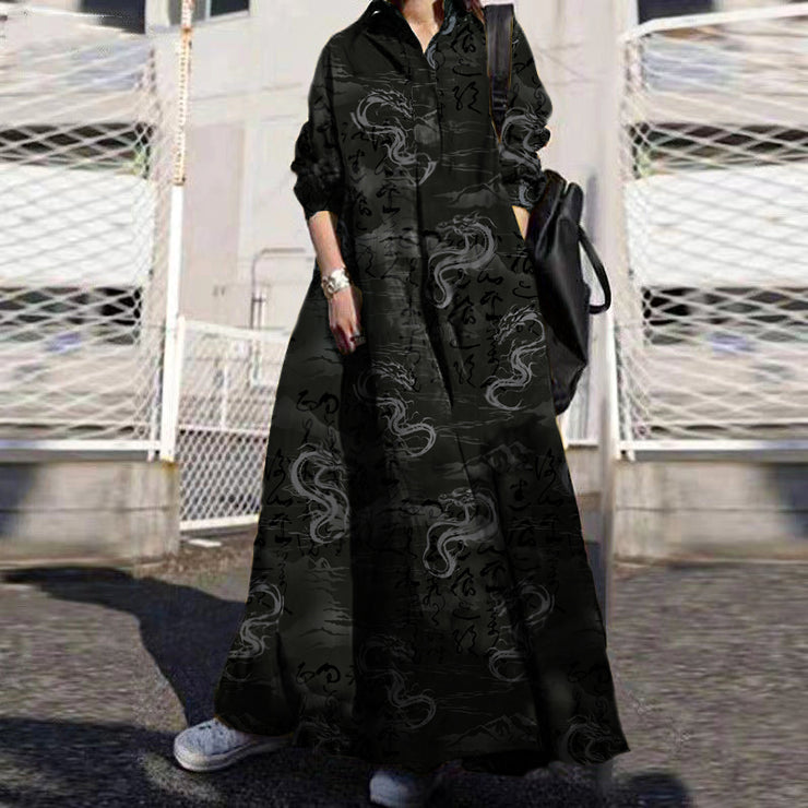 Women Retro Floral Print Lapel Bohemian Loose Long Sleeve Maxi Shirt Dress With Pocket