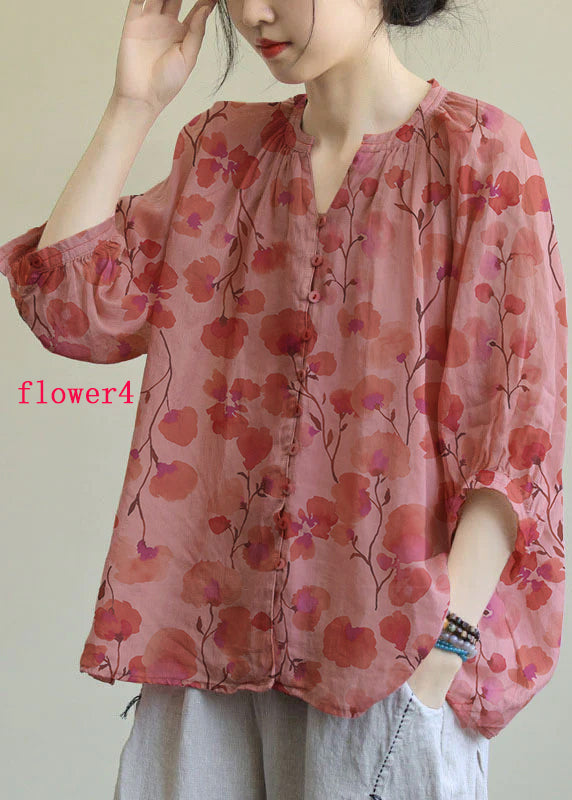 Italian Pink-orange flower V Neck Button Loose Fall Half Sleeve Blouse Top