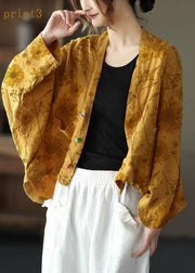 Fine Yellow-red flower Bat wing Sleeve Pockets Coat Short