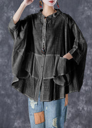 Plus Size black - texture Stand Collar Patchwork Linen Shirt Tops Batwing Sleeve