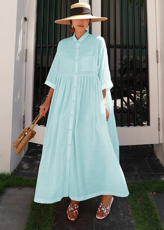 Bohemian Yellow Peter Pan Collar Striped Button Pockets Wrinkled Long Dresses Half Sleeve