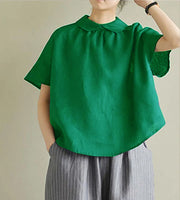 Simple green Peter Pan Collar Solid Linen Shirt Summer