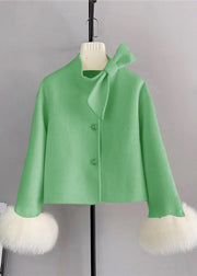 New Pink Wool Bow Button Fox Hair Cuff Short Coat Winter