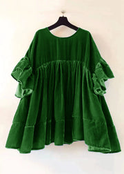 Plus Size Green Wrinkled Patchwork Velour Short Dress Butterfly Sleeve