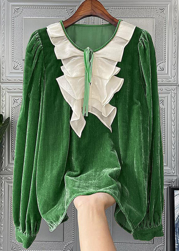 Loose Green Ruffled Lace Up Patchwork Silk Velour Top Fall