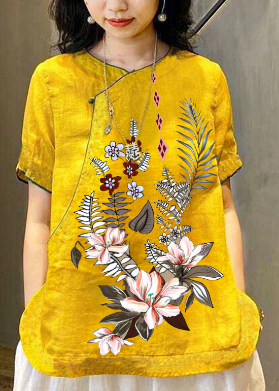 Chinese Style Yellow flower O-Neck Embroidered Linen Tops Short Sleeve