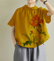 Simple yellow Peter Pan Collar Solid Linen Shirt Summer