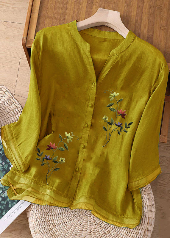 Chic yellow Embroideried Button Patchwork Linen Top Bracelet Sleeve