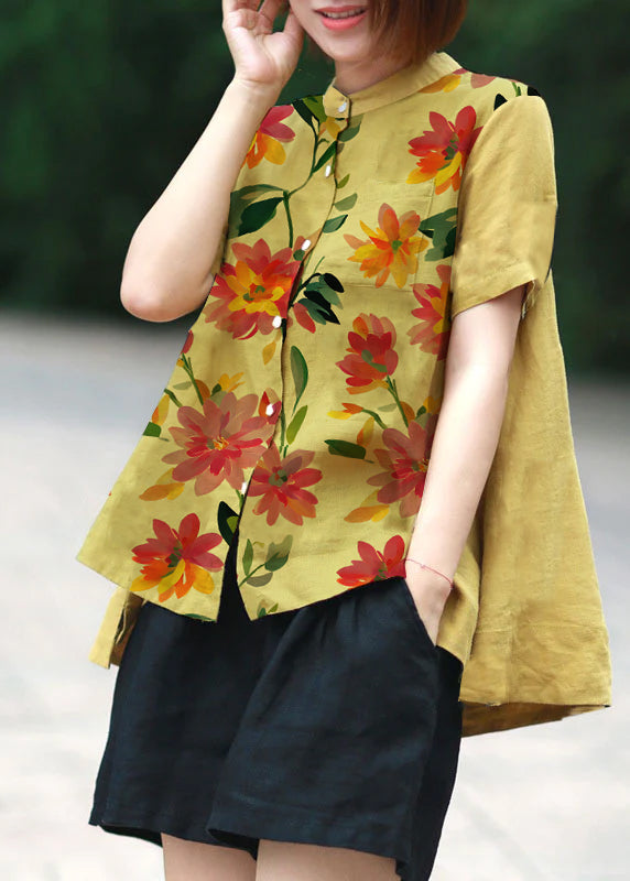 Yellow Dot Print Patchwork Linen Top Button Stand Collar Summer