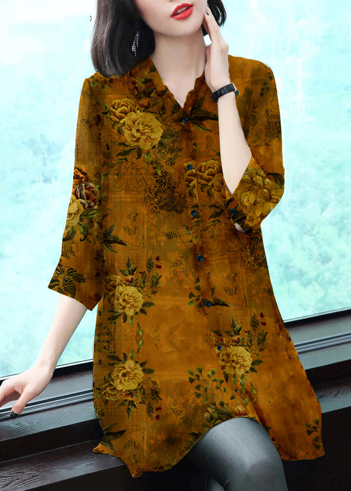 Stylish Yellow-lattice Peter Pan Collar Button Print Chiffon Shirt Tops Summer