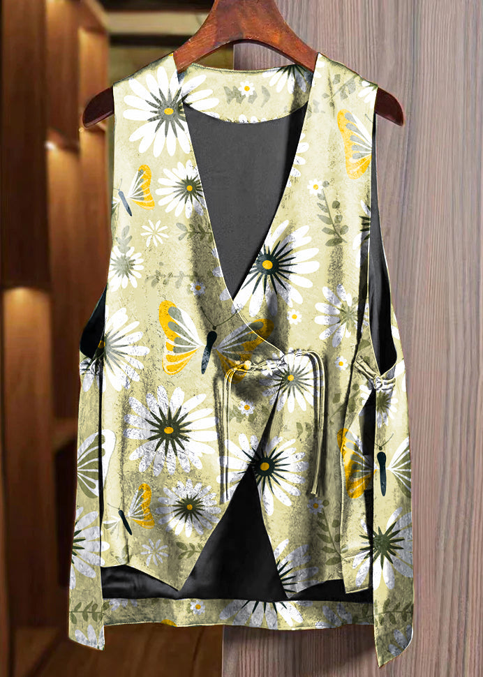 Loose Yellow flower Asymmetrical Button Silk Waistcoat Sleeveless